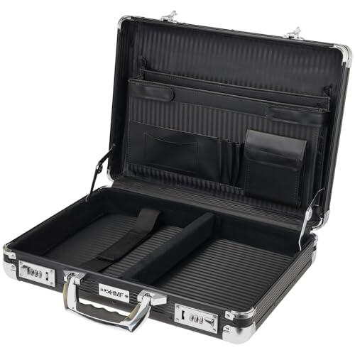 HMF Maletín de aluminio para portátil hasta 17,3 pulgadas, Maletín de negocios con cerradura de combinación, compartimento acolchado y organizador | 45 x 33 x 11 cm | Negro