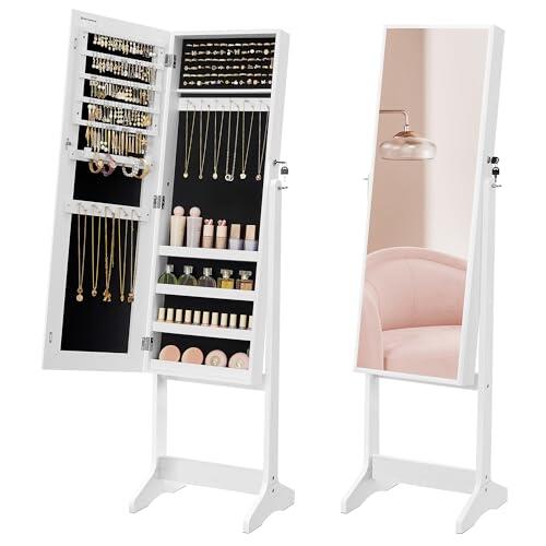 SONGMICS Espejo Joyero, Armario para Joyas, Armario Joyero Bloqueable, Espejo de Longitud Completa, Idea para Regalo, Montaje Sencillo, Superficie Blanca y Forro Negro JJC69WT
