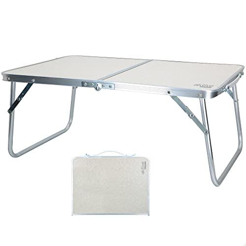 AKTIVE Mesa playa plegable, Mesa baja playa, 60x40x25 cm, color crema, estructura de metal, tablero de madera, mesa plegable camping pequeña, cierre de seguridad, Aktive Camping (52812)