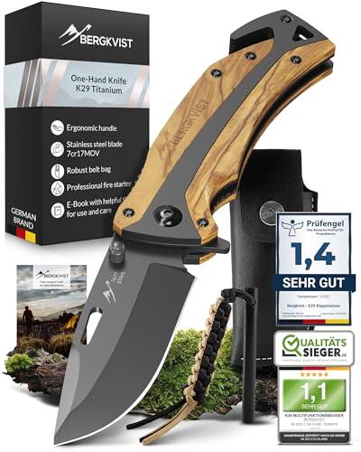 BERGKVIST® K29 Titanium Cuchillo plegable - Navaja de bolsillo 3 en 1 con rompecristales y cortacinturones - Ganadora del premio de Bronze A' Design Award - Mango de madera de olivo