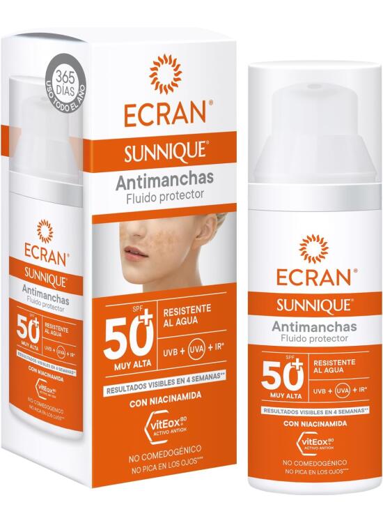 Ecran Sunnique - Fluido Protector Solar SPF 50 Antimanchas con Niacidamina, Protege de Quemaduras, Unifica el Tono de la Piel, Fórmula con VitEox 80 - 50 ml