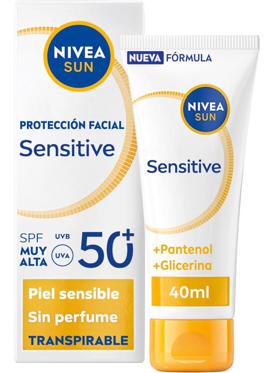 NIVEA SUN Sensitive Protección Facial SPF50+ - Crema solar facial - 3x Protección UV Transpirable Piel Sensible - Pantenol, Glicerina, Licocalcón A - Textura Ligera y 0% Sensación Grasa - 40 ml