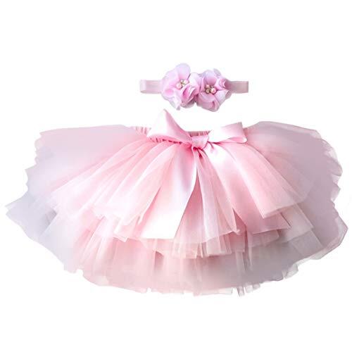 YONKOUNY Recién Nacido Bebé Niña Falda de Tutú +Cinta de Pelo de Flores Accesorios de Fotografía Prop Trajes Ropa para Fiestas Cumpleaños Boda (6-12 Meses, Rosa)