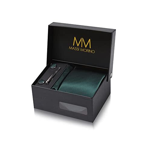 Massi Morino Corbata verde oscuro con Pañuelo | Set de Corbata para Hombre incl. Gemelos, Pasador y Caja de Regalo | Accesorios ideal para Bodas