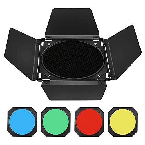 Godox BD-04 Barn Door Puerta de Metal y Rejilla de Nido de Abeja y 4 filtros de Gel de Colores,Compatible reflectores estándar Compatible Montaje Bowens GODOX LED Amaran Aputure LED Video Light