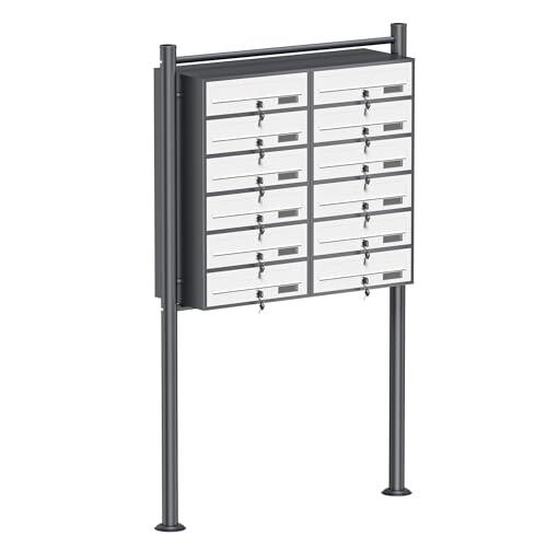 Wiltec Sistema 12 buzones Color Antracita y Blanco Acero galvanizado Resistente a la Intemperie con cerraduras y Llaves instalación Independiente Espacio Amplio para Cartas y Paquetes pequeños