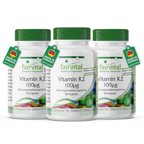 fairvital Vitamina K2 MK-7 100µg, 270 cápsulas (90x3), ALTA DOSIS, menaquinona MK-7, natural y fermentada a partir de natto, VEGANA
