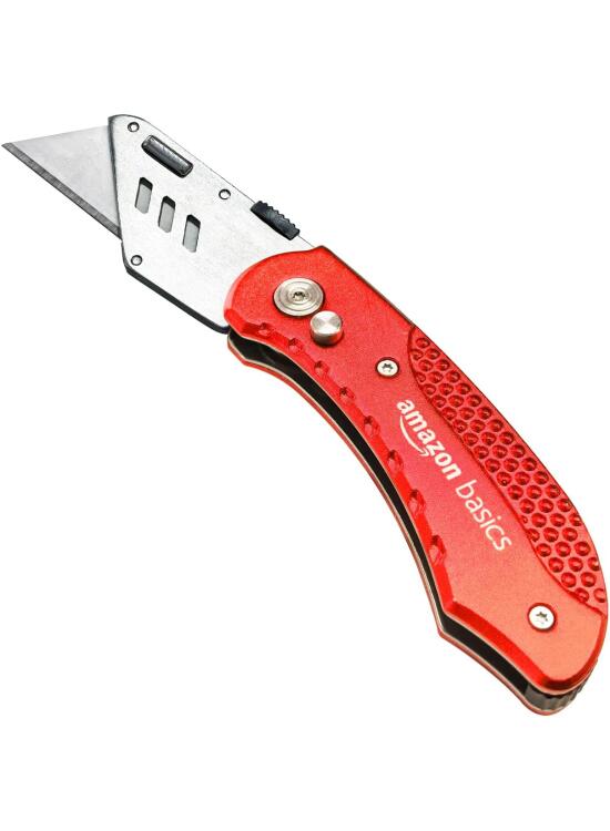 Amazon Basics Cuchillo plegable y duradero para uso general con cuerpo de aluminio, color rojo
