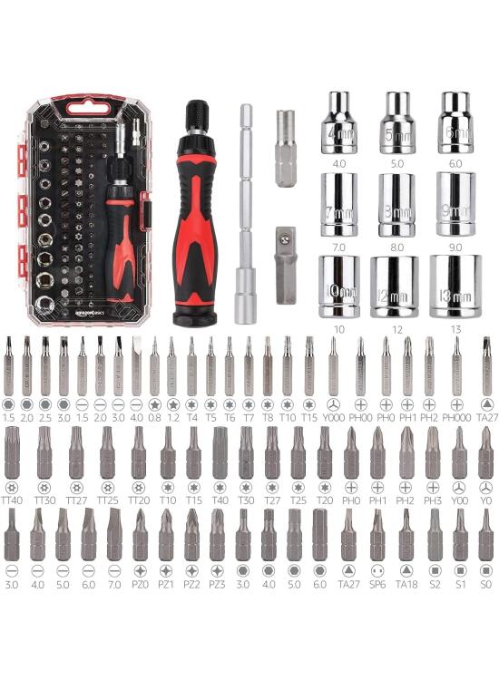 Amazon Basics Juego de magnético destornillador de precisión electrónico y carraca de 73 Unidad, magnético, Negro, Rojo, Plateado