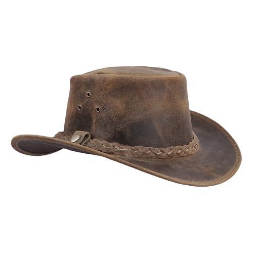 Leatherick - Sombrero de Piel Estilo Vaquero con Correa para la Barbilla para Hombre (M, Marrón Tostado)
