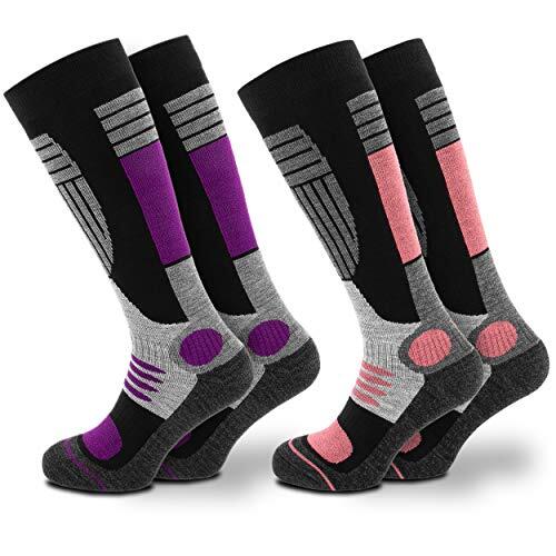 Occulto CALCETINES de ESQUI para MUJER (2 Pares), CALCETINES TÉRMICOS MUJERES DEPORTIVOS ACOLCHADOS y TRANSPIRANTES PARA TOURING, ALPINISIMO y SNOWBOARD 39-42 1 Pares Púrpura | 1 Pares Rosado