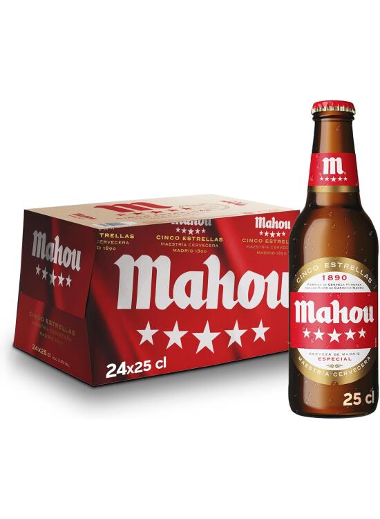 Mahou 5 Estrellas, Pack de 24 Botellas x 25 cl, Cerveza Especial Dorada Lager Con Sabor 5 Estrellas, 5.5% Volumen de Alcohol, El embalaje puede variar
