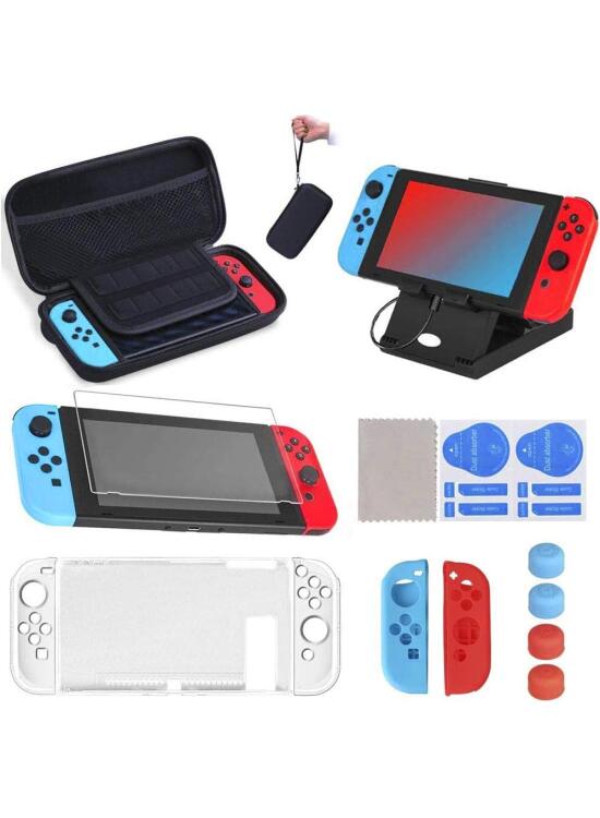 17 en 1 Kit de Accesorios para Nintendo Switch, Funda para Nintendo Switch con 10 Cartucho de Juego | 2 Protector de Pantalla | Carcasa de Silicona y Plastico | Tapas para Joystick | Soporte Ajustable