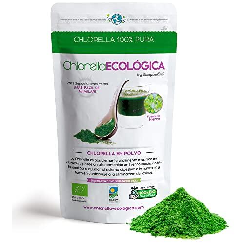 Chlorella en polvo Bio Ecológica y de Pared celular rota - Libre de Metales Pesados para Dietas DETOX Vegano - Alto contenido Clorofila