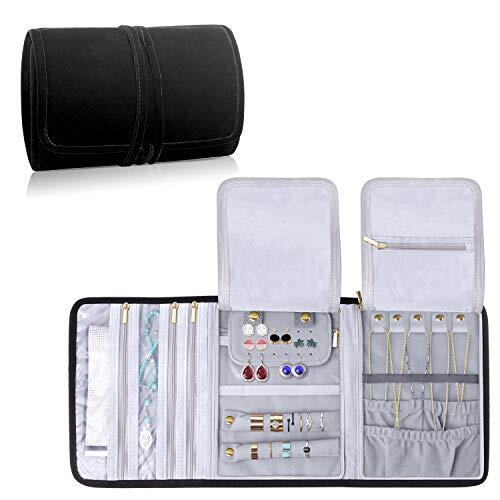 Teamoy Roll para Joyería Organizador de Joyas Estuche de Viaje para Collares, Pendientes, Pulseras, broches, 3 Carpetas, Varios departamentos, Material de Terciopelo, Negro
