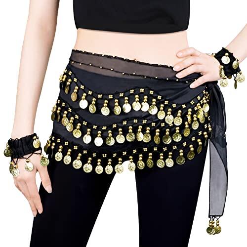 LZYMSZ Bufandas de Cadera para Danza del Vientre, Faldas con Forma de Onda para niñas/Mujeres, Envueltas con Monedas de Oro 128, Cinturón de Disfraces de Cintura con Brazaletes Pulseras (Black)
