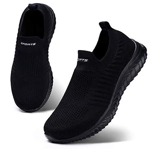 HKR Zapatillas Deportivas Mujer Sin Cordones Ligero Slip-on Malla Casual Tenis Transpirable Zapatos Fascitis Plantar para Caminar Correr Todo Negro 39 EU