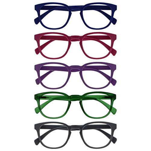 OPULIZE Pop Gafas de Lectura Pack de 5 Redondas Azul, Rosa Fucsia, Violeta, Verde Musgo y Gris Mate Satinado Bisagras con Muelle Resistentes a los Arañazos Hombre Mujer RRRRR2-34567 +1.50