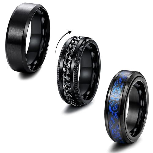 MILACOLATO 3 Anillos Hombre Negro Acero Inoxidable Fresco Cadena Torcida Ansiedad Dragón Celta Banda Spinner Abrebotellas De Cerveza Giratorio Fidget 8mm Ancho