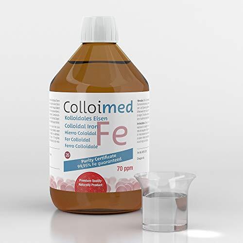 Colloimed Hierro coloidal 70 ppm de alto concentrado, nivel de pureza 99,95%, en botella de vidrio marrón de farmacia de 500 ml (hierro 70 ppm, 500 ml)