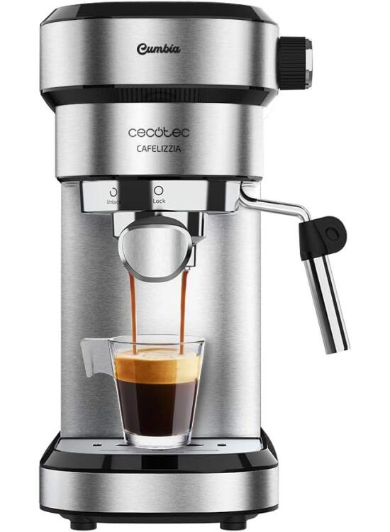 Cecotec Cafetera Express Cafelizzia 790 Steel para Espressos y Cappuccinos. 1350 W, Brazo portafiltros con Doble Salida y Dos filtros, 20 Bares de Presión, Depósito Extraíble de 1,2L, Acero