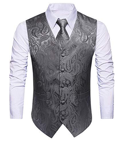 HISDERN Chaleco Hombre Vestir Gris Paisley Chaleco de Boda y Corbata y Pañuelo de Jacquard Chalecos Traje Hombre Elegantes de Fiesta M