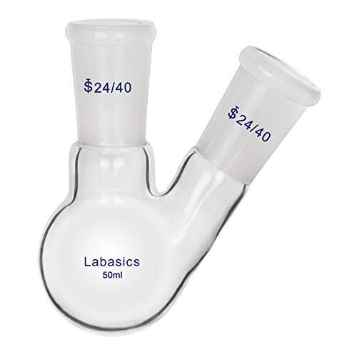 Labasics Vidrio 50ml RBF Matraz de Fondo Redondo con 2 Cuellos de Ángulos, 2 Neck Round Bottom Flask con Junta Exterior 24/40 Central y Lateral Estándar - 50ml