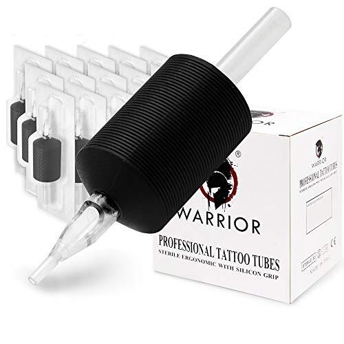 WARRIOR Tubos de Tatuaje Estériles Tattoo Grip Empuñadura Desechable con punta larga en Goma Blanda Profesional Antideslizante 30mm Round Liner Shader Pack de 15 piezas (1.2/18R)