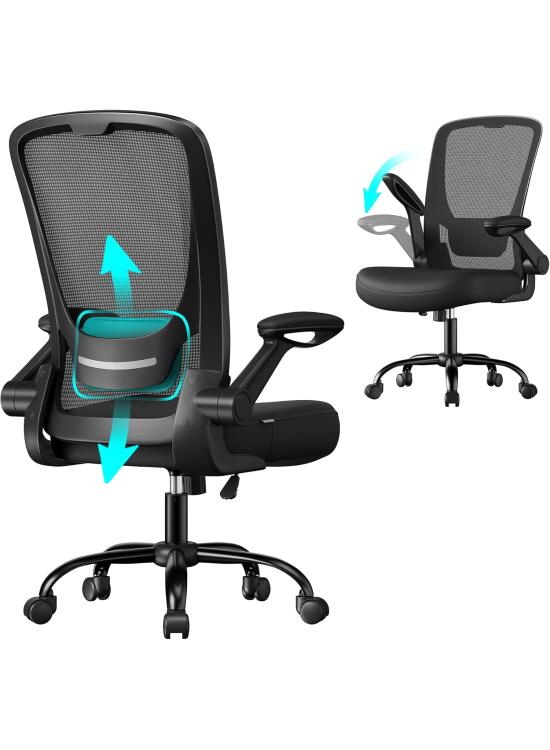 SONGMICS Silla de Oficina, Silla de Escritorio de Malla, Silla Giratoria Ergonómica, Soporte Lumbar, Oscilante, Asiento de 53 cm, Apoyabrazos Abatibles, Negro OBN037BKV2