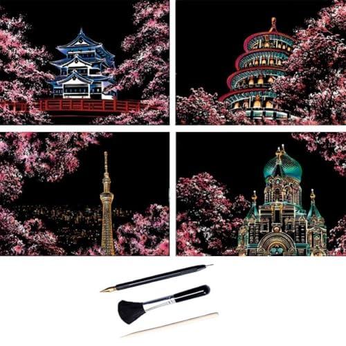 ShipeeKin 4 imágenes para rascar, 290 x 210 mm, lugares de interés mundialmente famosos con flores de cerezo, papel de rascar recubierto de colores con juego de herramientas