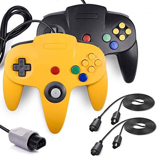 Miadore paquete de 2 controladores clásicos con cable de 64 mandos con 2 cables de extensión [1,8 m/6 pies] compatible con la consola de videojuegos N64 (negro y amarillo)