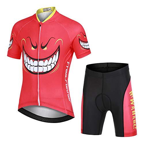 YFPICO Niños Traje de Ciclismo Transpirable para Deportes al Aire Libre Ropa Ajustada Cuerpo Pantalones + Tops Especial de la Almohadilla, L (6-8 años), Rojo Diablo Tops+Pantalones