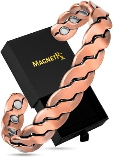 MagnetRX® Pulseras De Cobre Puro – Pulsera De Cobre Puro Hombre Para Alivio De Dolor De Artritis Y Terapia De Túnel Carpiano – Brazalete Ajustable + Caja De Regalo