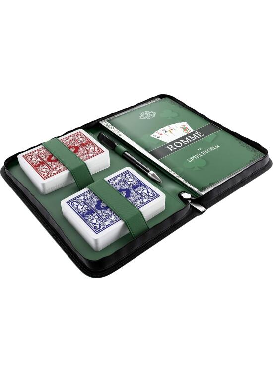 Bullets Playing Cards Rommee Set en estuche de piel sintética, incluye cartas de plástico impermeables, reglas del juego con 15 variantes Rummy (es), reglas cortas, lápiz y bloc