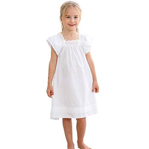 Niña Manga Larga Pijama de Algodón de Vestido de Noche Camisones para Niñas Blanco,90-150 Cm
