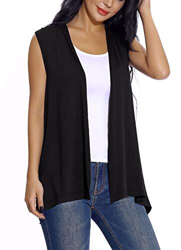 Mujeres Casual Solido Drapeado Cárdigan Ligera Frente Abierto Chaqueta sin Mangas (XXL, Negro)
