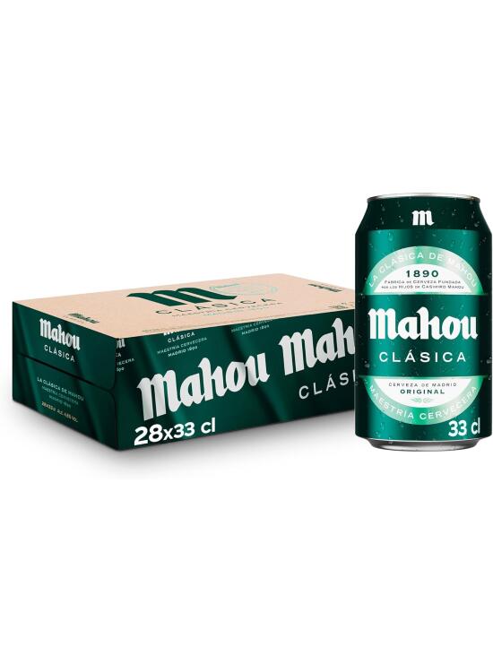 Mahou Clásica, Pack 28 Latas x 33cl, Cerveza Dorada Lager, Auténtica Cerveza Mahou Con Sabor Suave, Refrescante y Con Espuma Consistente, 4.8% Vol. Alcohol