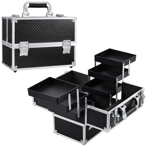 Maletin Maquillaje Grande Profesional Estuche Maquillaje Caja de Viaje Maletín Manicura Joyero Organizador Esmalte de Uñas con 6 Bandejas Regalos para Mujer 30.5x18x22.5cm, Negro