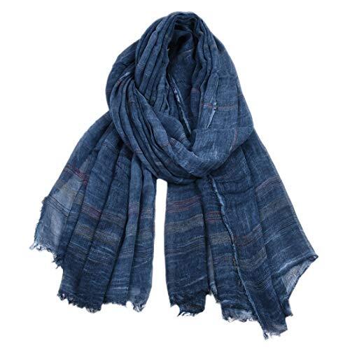 YONKOUNY Bufanda Hombres Otoño e Invierno Cálida Bufanda Clásico Largo Algodón y Lino Suaves Braga Cuello Moda Pañuelo de Cuello de Rayas (azul marino)