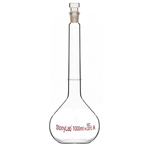 stonylab Frascos Volumétricos de Laboratorio, Matraz Aforado Clase A con Tapón de Vidrio, Matraz Aforado de Pared Pesada de Vidrio de Borosilicato Tolerancia (1000 ml, Transparente)