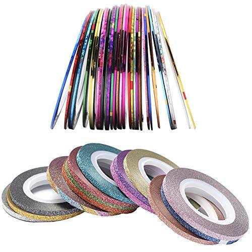 32 Colores Mixtos Rollos De Uñas,Cinta Pegatinas de Arte de Uñas de Diseño de Bricolaje, Líneas de oro y Plata para Uñas, Decoraciones de Herramientas para Uñas