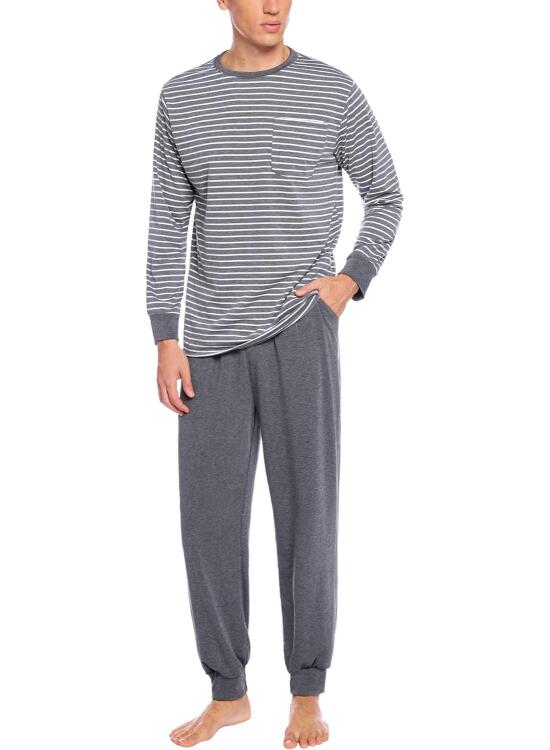 Sykooria Pijama Hombre Algodón Conjunto de Pijama de Manga Larga Ropa de Dormir 2 Piezas Conjunto de Pijama a Rayas y Pantalones Largos con Bolsillos S-3XL