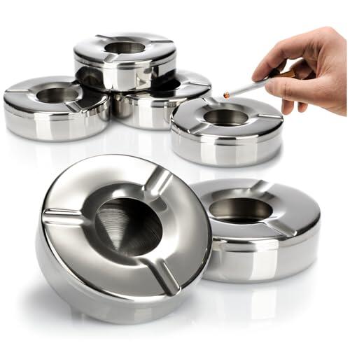 com-four® 6x Ceniceros de acero inoxidable - Cenicero de viento con tapa extraíble para proteger contra las cenizas volantes - Ø 11 cm (006 piezas - acero inoxidable)