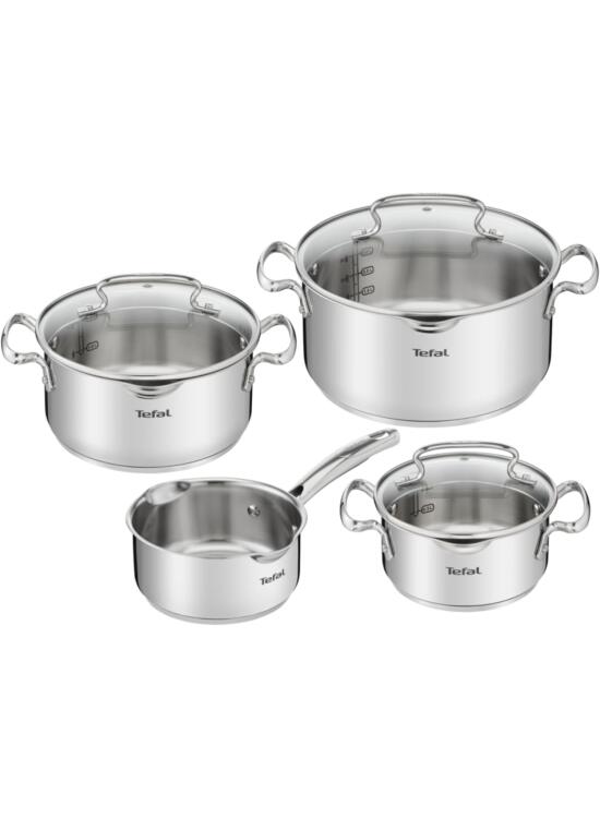 Tefal Duetto Plus - Juego de 3 Ollas 16/20/24 cm + Cazo 16 cm + 3 Tapas, Apto inducción, Thermo-Fusion, marcas medición, apto lavavajillas y horno, acero inoxidable