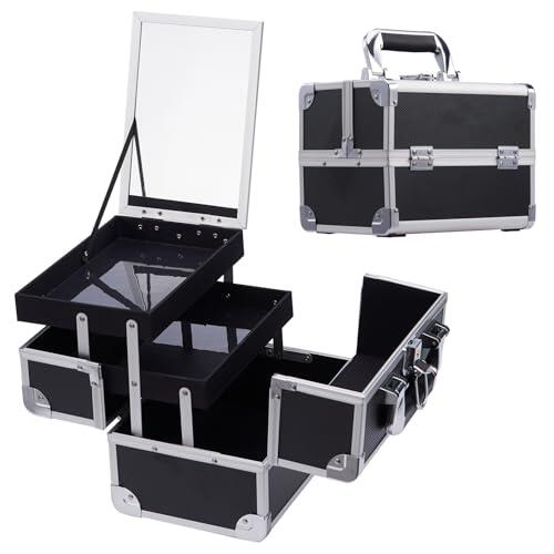 Maletín Maquillaje Profesional Negro Estuche de Maquillaje Maletín de Manicura Caja Maquillaje Joyero Cosméticos con Espejo Vacío de Viaje Regalos para Mujeres