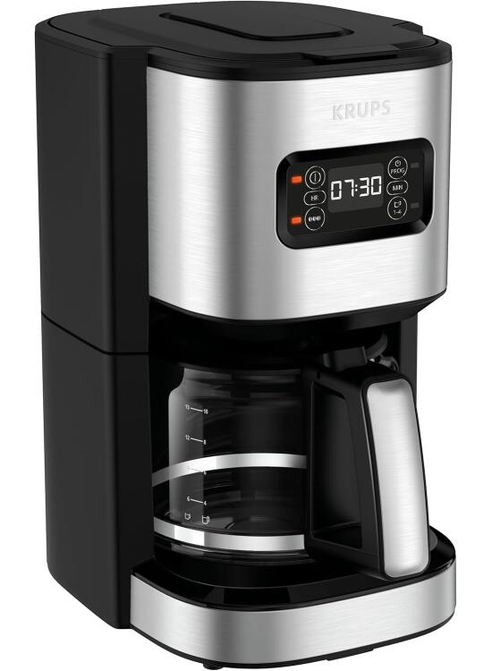 Krups First – Cafetera de filtro 1,25 L, acero inoxidable, temporizador 24 horas, selector de intensidad de la infusión, cabezal de agua, modo preinfusión, antigoteo, hasta 15 tazas, KM480D