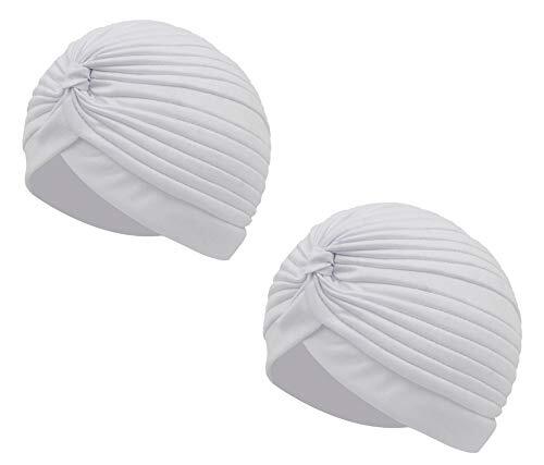 Carnavalife Pack 2 Plisado Cabeza Turbante Gorra Sombrero India Capucha de Turbante de Sol Árabe Festival Vintage Color Liso Unisex (Blanco x 2, Talla única)