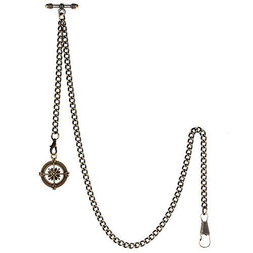 TREEWETO - Cadena de Reloj de Bolsillo con Punta T Bar Albert T-Bar con Colgante de brújula Antigua y 2 Ganchos para Ojal de Chaleco, Bronce