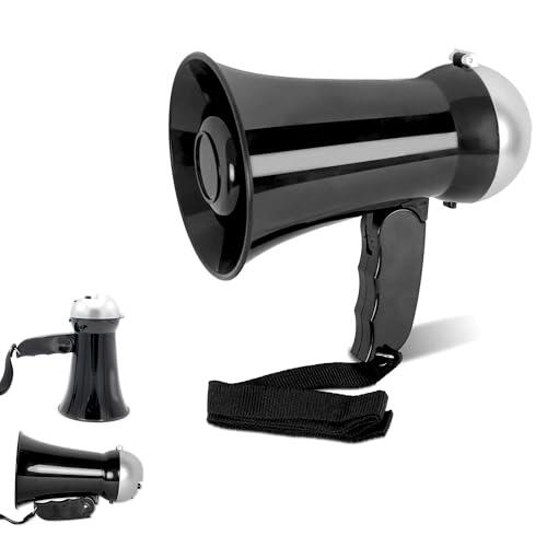 Mini Megáfono 10 W - Función Altavoz y Sirena - Volumen Ajustable - Funciona con 6 Pilas AA - 17 cm - Negro