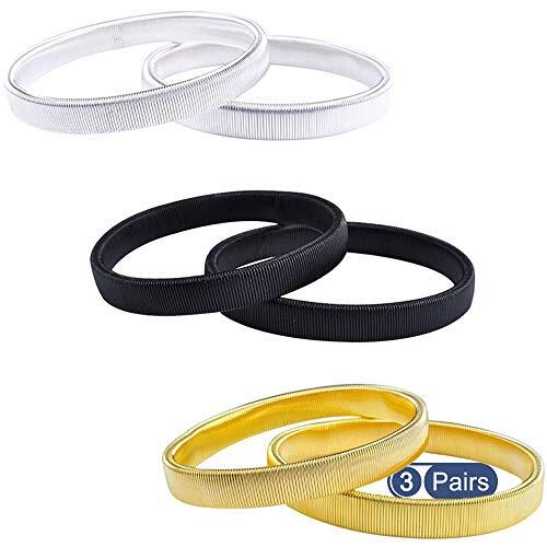 3 pares Camisa Titulares De La Manga, Soportes Antideslizantes Elásticos Brazaletes de Metal, Ligas de Estiramiento de Banda para Hombres Mujeres (Oro Negro Plata)